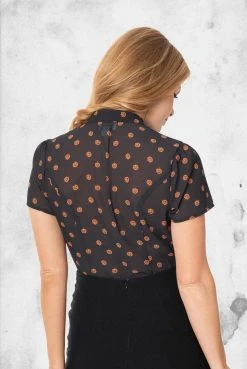 Unique Vintage Womens Black & Orange Pumpkin Patch Elsie Blouse