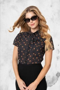 Unique Vintage Womens Black & Orange Pumpkin Patch Elsie Blouse
