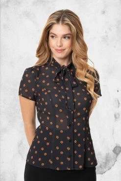 Unique Vintage Womens Black & Orange Pumpkin Patch Elsie Blouse
